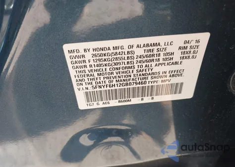 2016 Honda Pilot Lx из США, поврежденный, VIN 5FNYF6H12GB079460